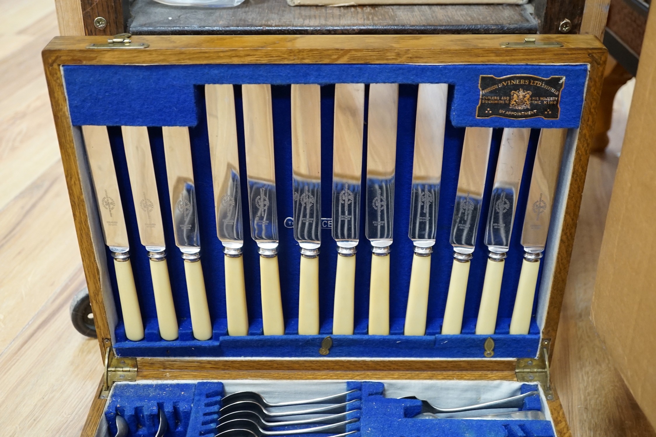 A four piece silver tea plated tea service, a plated egg cup stand, sundry other plated wares and a canteen of cutlery